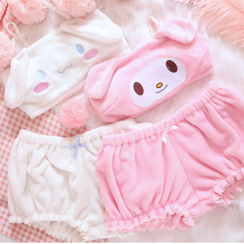 Anime Melody Kwaii Velvet Tube Top Panties Set Adorable Underwear Long Ear Doggy Cute Bra Bloomers Sexy Lingerie For Girls Women