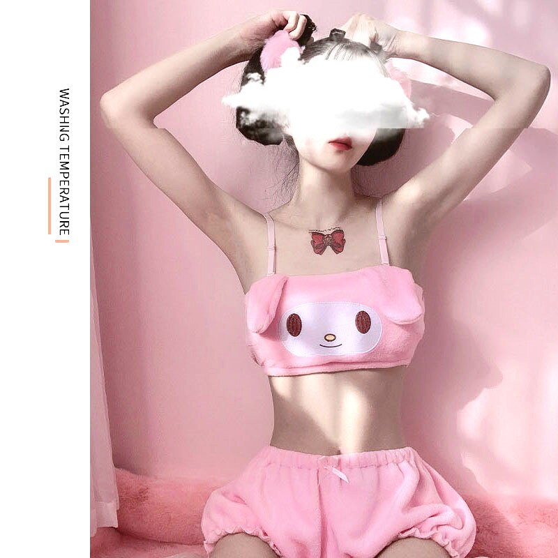 Anime Melody Kwaii Velvet Tube Top Panties Set Adorable Underwear Long Ear Doggy Cute Bra Bloomers Sexy Lingerie For Girls Women