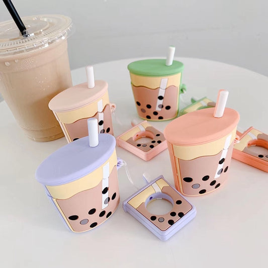 For AirPods Case Cartoon Cute Funny Milk Bubble Tea Drink Bottle Earphone Protect Cover For Airpods 2 with Finger Ring Strap