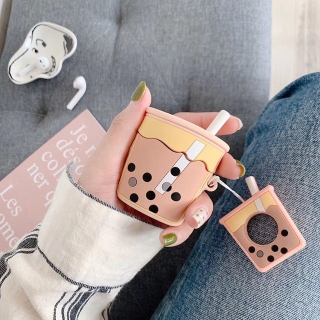 For AirPods Case Cartoon Cute Funny Milk Bubble Tea Drink Bottle Earphone Protect Cover For Airpods 2 with Finger Ring Strap