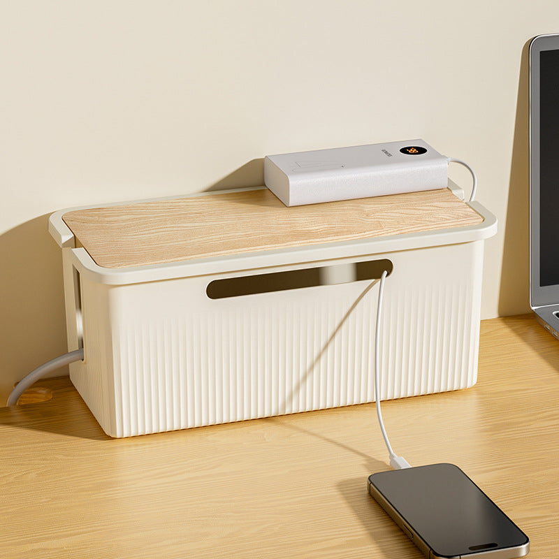 Desktop Plug Socket & Cable Organizer – Black/White Storage Box for Charging/Data Cables